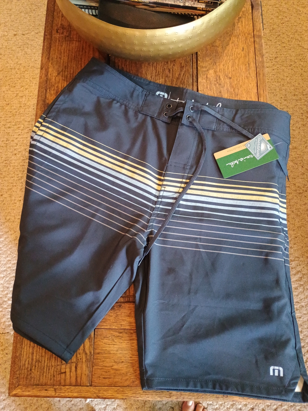Travis Mathew Navy Blue Swim Board Shorts with White and Yellow Stripes